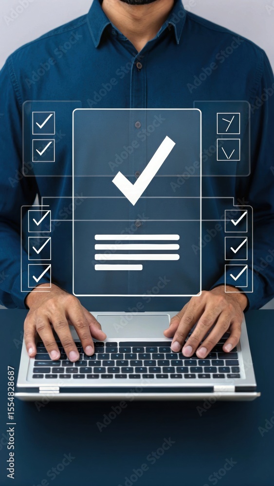 Poster Task Management Concept Hands Using Stylus with Checkmark Icon. Digital Approval and Completion in Business Workflow. Virtual Interface with Checklist and Transparent Panels.