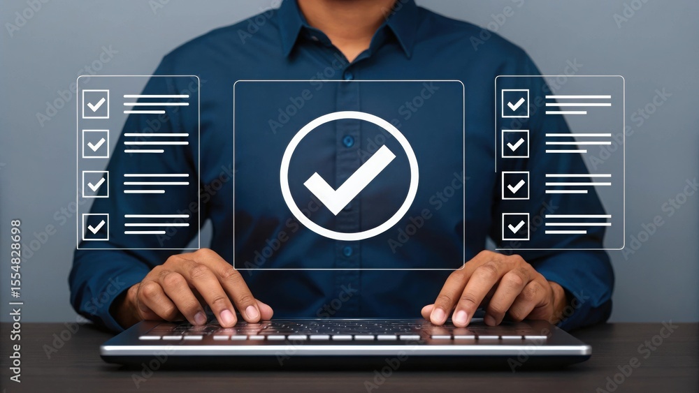 Poster Task Management Concept Hands Using Stylus with Checkmark Icon. Digital Approval and Completion in Business Workflow. Virtual Interface with Checklist and Transparent Panels.