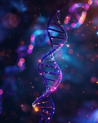 Glowing neon DNA double helix floating in a dark space. High-tech biotechnology concept. Futuristic medical background