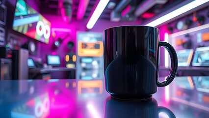 Glossy mug, on a futuristic metallic surface, neon lighting, suitable for tech or gaming themes, modern look.