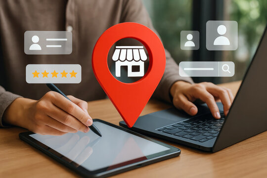 Person using tablet and laptop for online store discovery and reviews rating