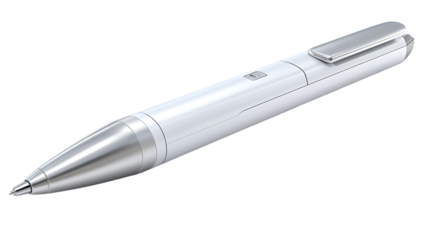 A modern white pen with silver accents on transparent background.