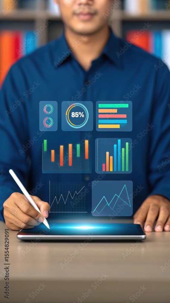 Poster digital illustration of person using stylus with holographic charts. modern data visualization and t