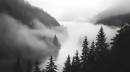Misty mountain river valley foggy forest scene