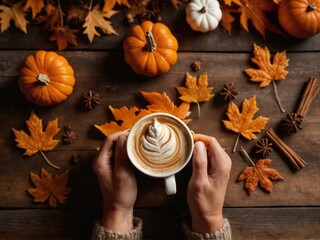 Autumn latte closeup on wooden table with mixed fall and spice background