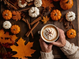 Autumn latte closeup on wooden table with mixed fall and spice background