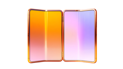 A modern foldable smartphone displays vibrant gradient screens on a clean white background.