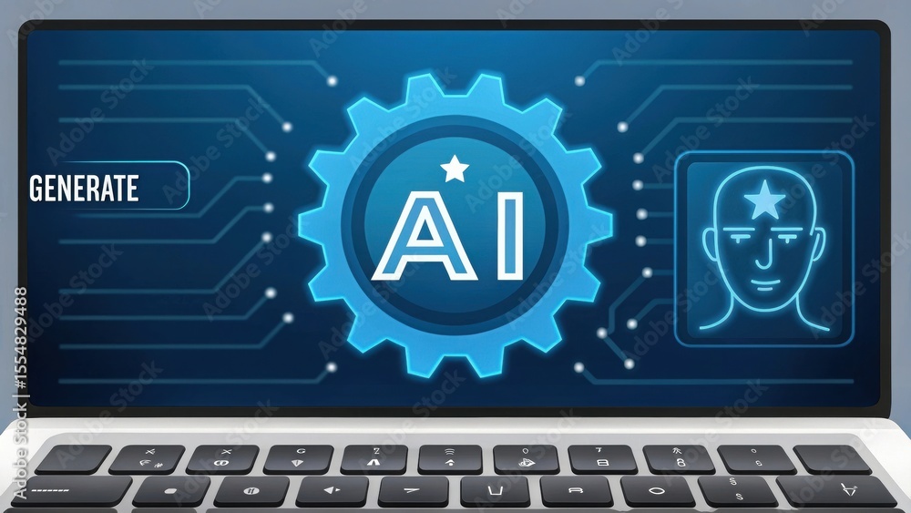 Poster close-up of laptop screen with ai graphics. modern artificial intelligence technology. sleek digital