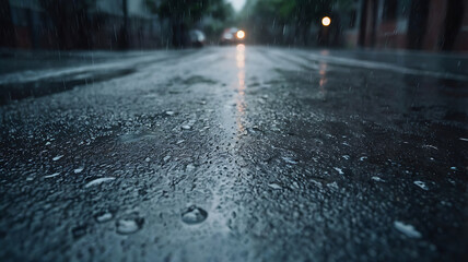 A moody and atmospheric rainy season background. Include soft rain falling, blurred reflections on wet pavement Add subtle fog or mist for a dreamy effect, and raindrops on glass for text   