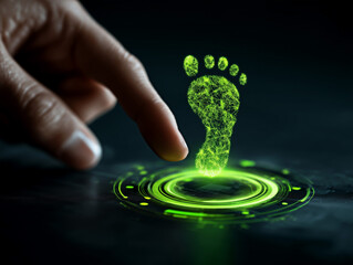 Human finger touching a glowing green digital footprint on a dark background