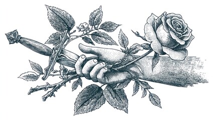 A hand holding a rose and dagger