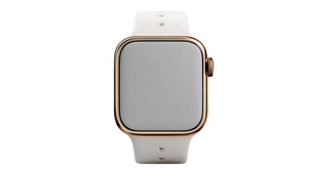 Minimalist smartwatch body without strap isolated on transparent background metallic bezel smooth matte display crisp edges ultra-clean product mockup 