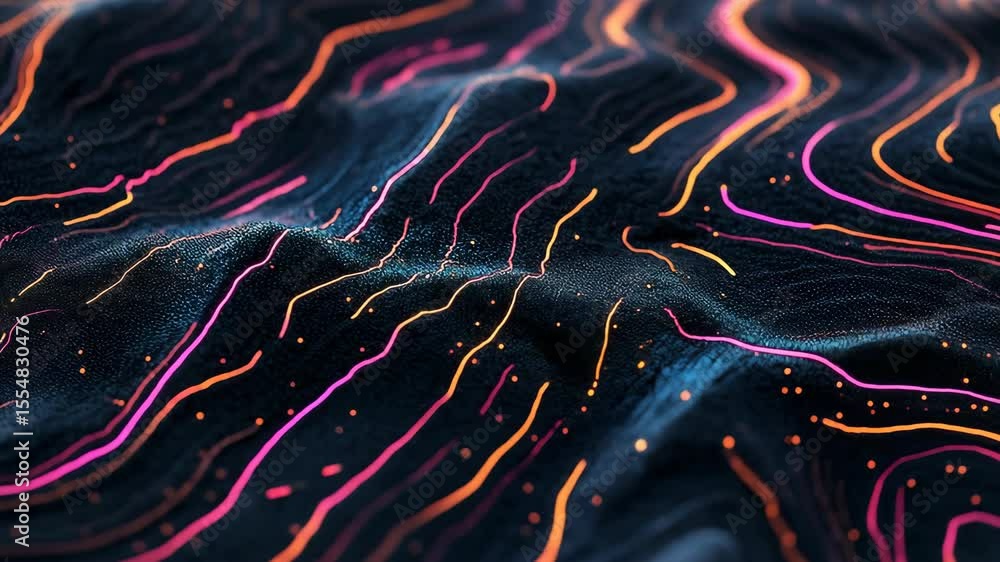 Poster abstract terrain map featuring a black field with vibrant colorful lines in a dynamic flow pattern