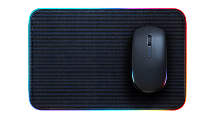 Gaming mouse pad with RGB edge lighting isolated on transparent background fabric top surface rubber base visible crisp and clean tech render 