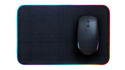 A dark gray computer mouse rests on a black mousepad with a subtle textured surface in a studio setting.