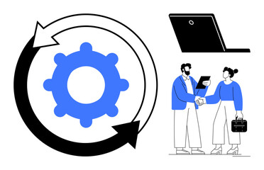 Large gear with circular arrows symbolizing workflow, laptop for digital tools, two professionals shaking hands. Ideal for teamwork, collaboration, automation, partnership, efficiency, productivity