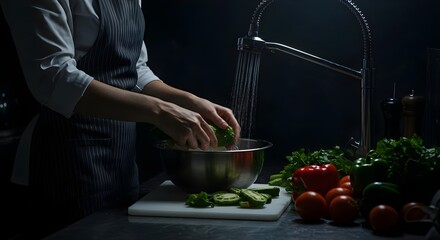 Chef, Cook, Kitchen, Chef Washing Vegetables in Kitchen Sink