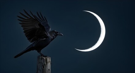 Raven, Crow, Bird, Raven at Night with Crescent Moon