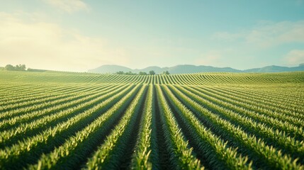 Lush green agricultural field with rows of crops stretching to distant hills under a clear sky.
