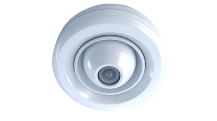 A modern, white security camera with a clear lens is shown from a downward angle.