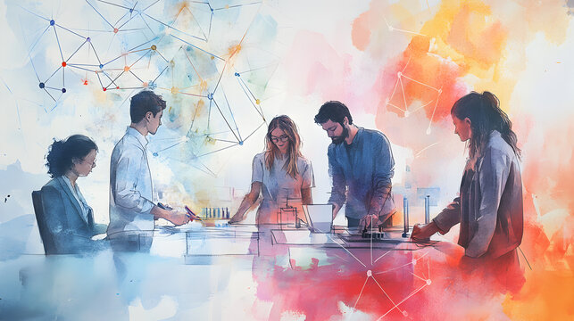 Collaborative team of diverse professionals working together at a table, brainstorming, and analyzing data with watercolor and abstract network art.