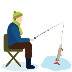 Vector Male angler is catching fish from his fishing rod