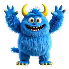 3D Fluffy Blue Monster with Tiny Horns and Big Eyes, Smiling, isolated on a transparent background