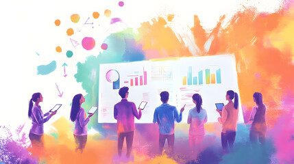 Diverse group of business professionals analyzing data presented on a whiteboard with colorful brushstroke accents during a strategic planning meeting
