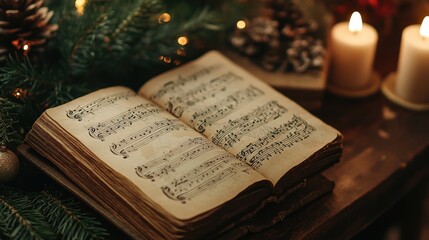 An Old Music Book Open with Festive Decorations Surrounding It