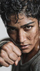 Obraz premium Focused South Asian non-binary boxer striking mid-combo during intense training