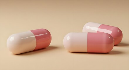 Capsule, Capsules, Pill, Three Pink and White Capsules on Beige Background