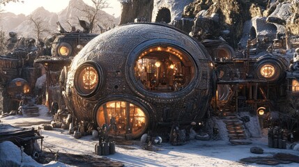 Snowy, spherical, futuristic village