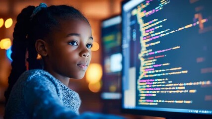 A Black school pupil studying coding at a computer, focusing on digital skills in education. Promoting inclusivity in learning about AI and cyber security - Powered by Adobe