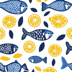 Flat vector pattern of stylized fish and lemon slices in blue and yellow on a white background, ideal for Mediterranean kitchen decor, food packaging and textile design