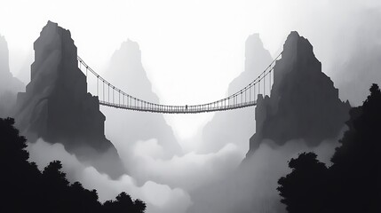 Fototapeta premium Bridge Between Mountains: Dramatic suspension bridge spans a misty gorge amidst towering mountains, symbolizing overcoming challenges and reaching new heights in a black and white.