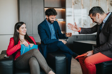 A group of business people engaging in a lighthearted conversation, fostering cooperation and...