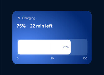 Mobile battery charging UI. Percentage level tracker. Electric charge indicator widget. Modern UX design screen for app or smartphone interface. Green energy display. Vector Illustration.