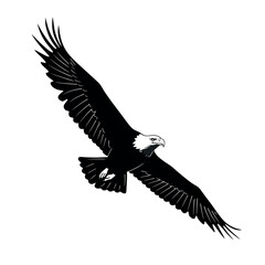 Obraz premium Majestic Eagle in Flight: A powerful bald eagle soars through the vast expanse of the sky, its wings spread wide in a display of freedom and majesty.