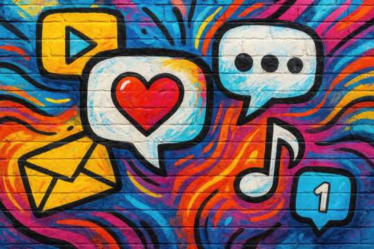 Vibrant graffiti mural with social mediAIcons and musical notes play button