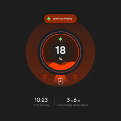 Charging status widget UI. Battery level shown in percentages and estimated time left. Minimal app interface design for mobile device. Tech energy tracking template. Vector illustration.