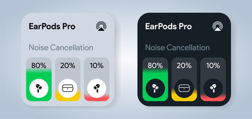 AirPods Pro battery level UI. Percentage charging level tracker. Electric charge indicator widget. Modern UX design screen for app or smartphone interface. Green energy display. Vector Illustration.