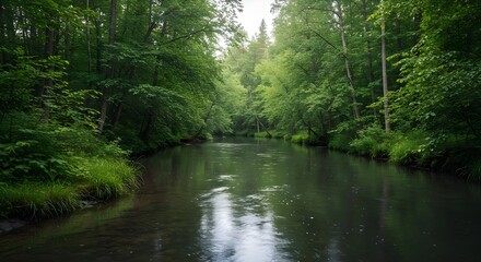 Obraz premium River, Forest, Trees, Serene River Flowing Through Lush Green Forest