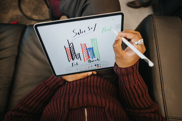 A close-up view of a person holding a digital tablet and using a stylus to draw a sales performance...