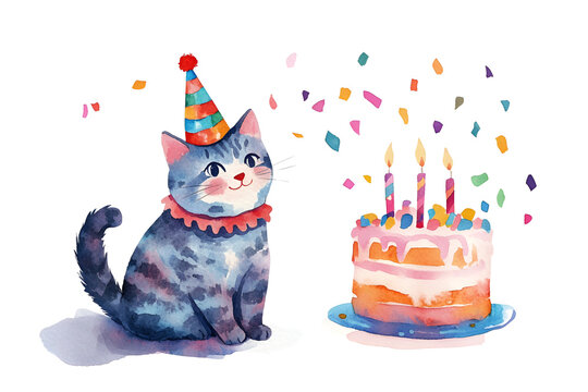 Watercolor cat with birthday hat and cake with candles and confetti celebration