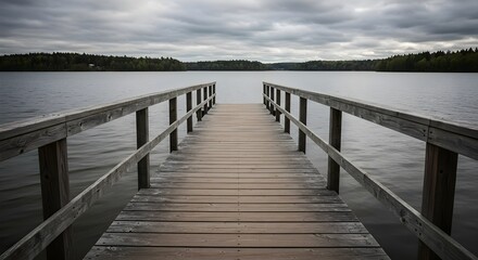 Naklejka premium Lake, Dock, Pier, Wooden Dock Extending into Serene Lake Under Cloudy Sky
