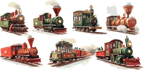 Collection of Vintage Christmas Toy Trains on a White Background Featuring Red and Green Color Schemes Perfect for Holiday Decor Nostalgic Themes and Festive Celebrations