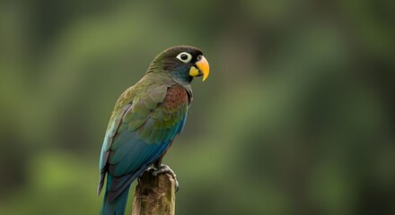 Obraz premium Parrot, Bird, Colorful bird, Profile of a striking, colorful Parrot perched on a wooden post