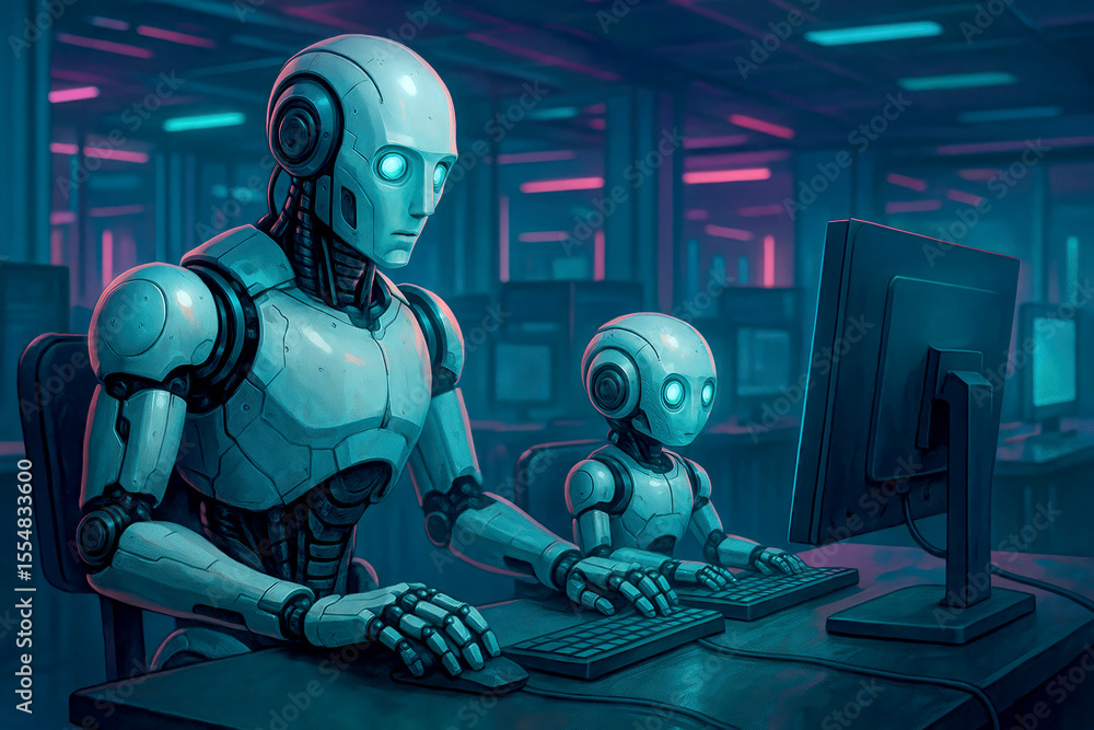 Poster white robots learning at computers in a neon lit room android artificial intelligence