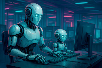 White robots learning at computers in a neon lit room android artificial intelligence