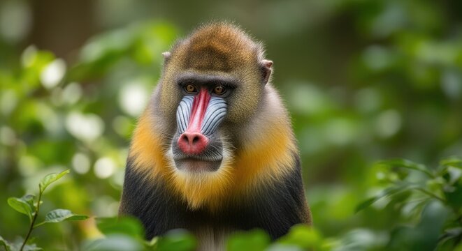 Mandrill Monkey Portrait in Lush Jungle Foliage Natural Habitat View
